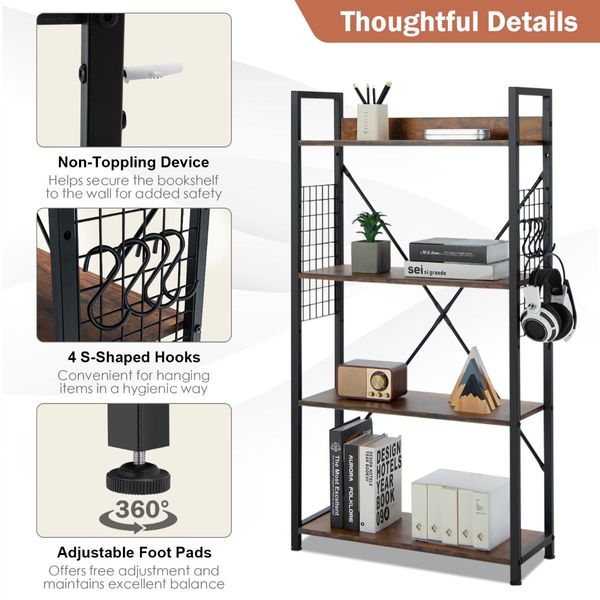 4 -Tier Industrial Bookshelf Open Storage Bookcase Display Shelf for Home Office