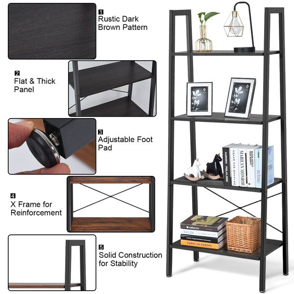 4-Tier Ladder Bookshel with No-Shaking Construction for Office