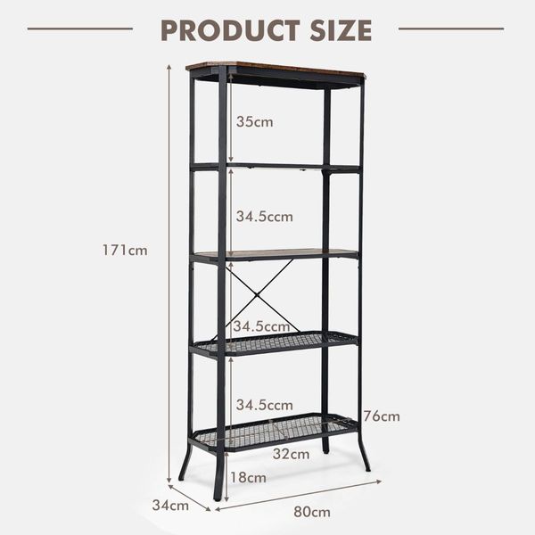 5-tier Bookshelf with Steel Frame for Living Room