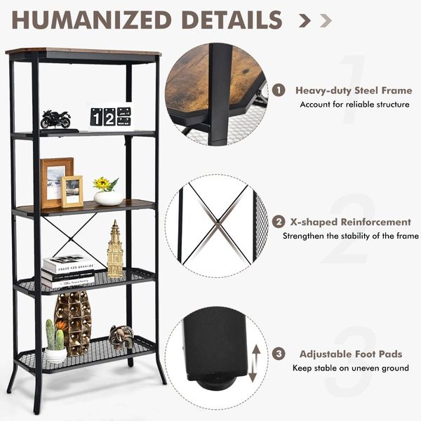 5-tier Bookshelf with Steel Frame for Living Room