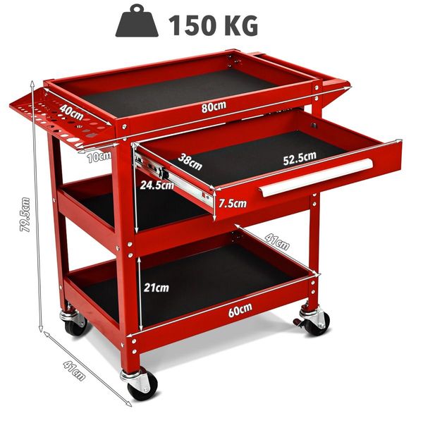 3-Tray Rolling Utility Cart with Drawer and Wheels for Garage and Warehouse