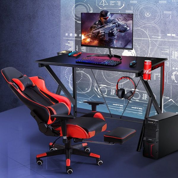 K-shaped Ergonomic Gaming Desk with Video Storage for Home