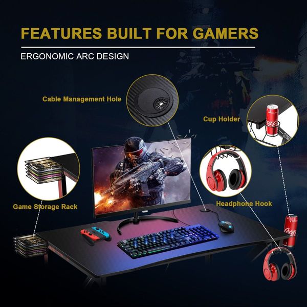 K-shaped Ergonomic Gaming Desk with Video Storage for Home