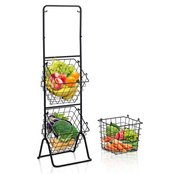 3-Tier Height Adjustable Metal Fruit Basket Stand with Detachable Bowls