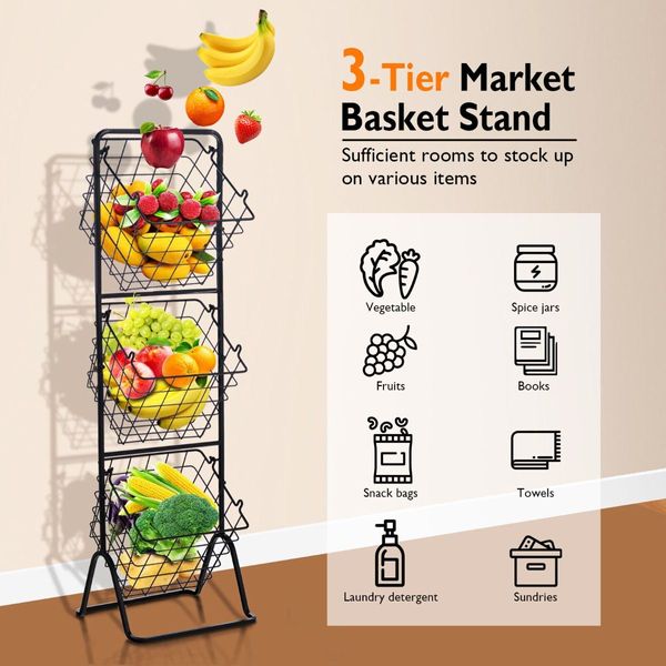 3-Tier Height Adjustable Metal Fruit Basket Stand with Detachable Bowls