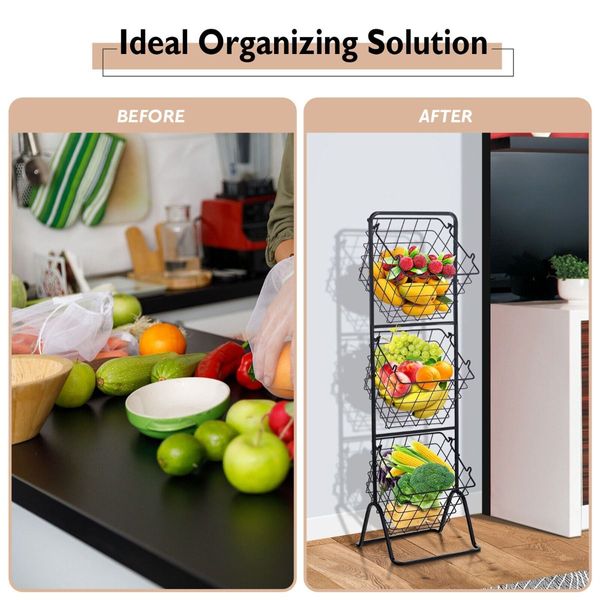 3-Tier Height Adjustable Metal Fruit Basket Stand with Detachable Bowls