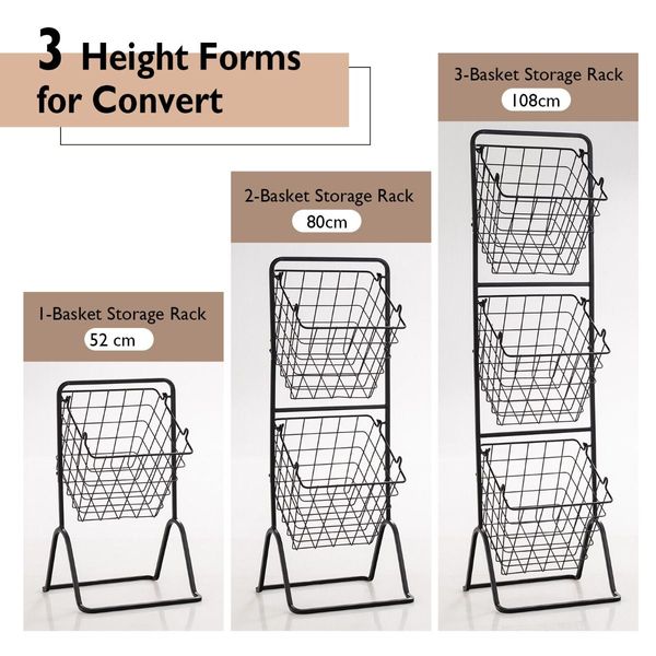 3-Tier Height Adjustable Metal Fruit Basket Stand with Detachable Bowls