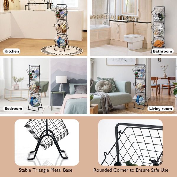 3-Tier Height Adjustable Metal Fruit Basket Stand with Detachable Bowls