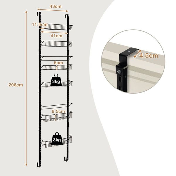 Over Door Wall-Mounted Pantry Organizer with 6 Adjustable Baskets