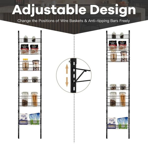 Over Door Wall-Mounted Pantry Organizer with 6 Adjustable Baskets