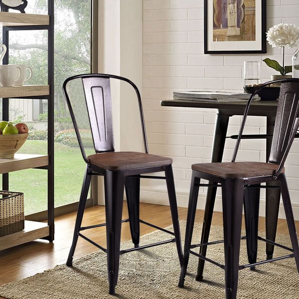 2 Bronzes Metal Chairs Set with Backrest for Bistro