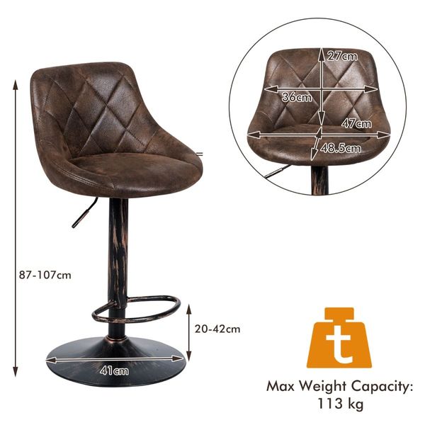 Set of 2 Height Adjustable Leather Bar Stool with Footrest