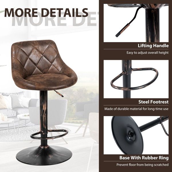 Set of 2 Height Adjustable Leather Bar Stool with Footrest