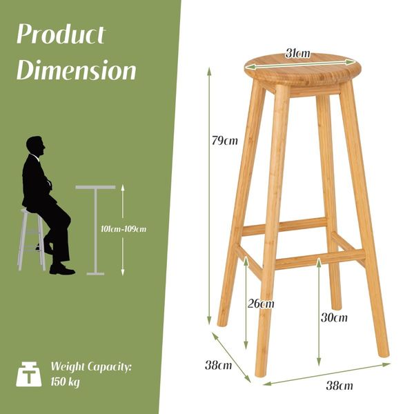 Bamboo Bar Stools Set with Footrest for Kitchen & Dining Room