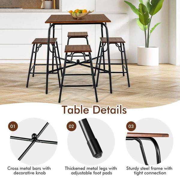 5-piece Bar Table Set with Backless Stools for Apartment