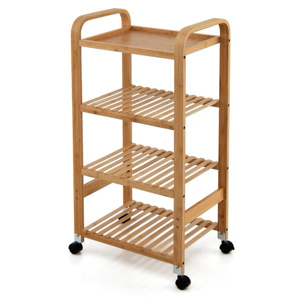 4-Tier Bamboo Rolling Storage Cart with Locking Casters