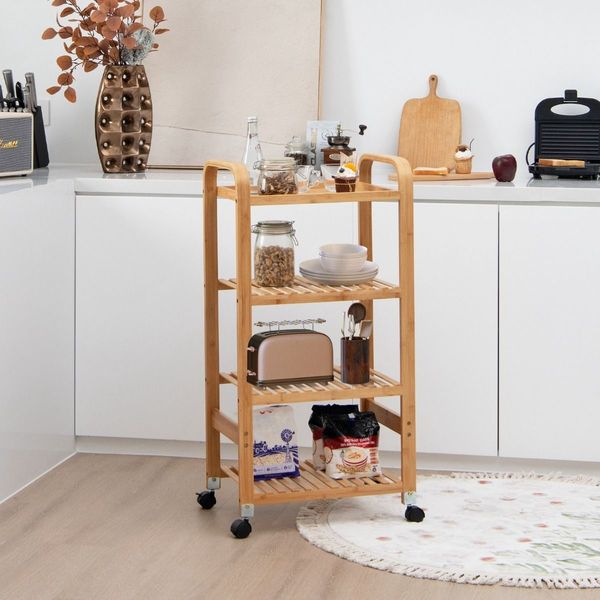 4-Tier Bamboo Rolling Storage Cart with Locking Casters