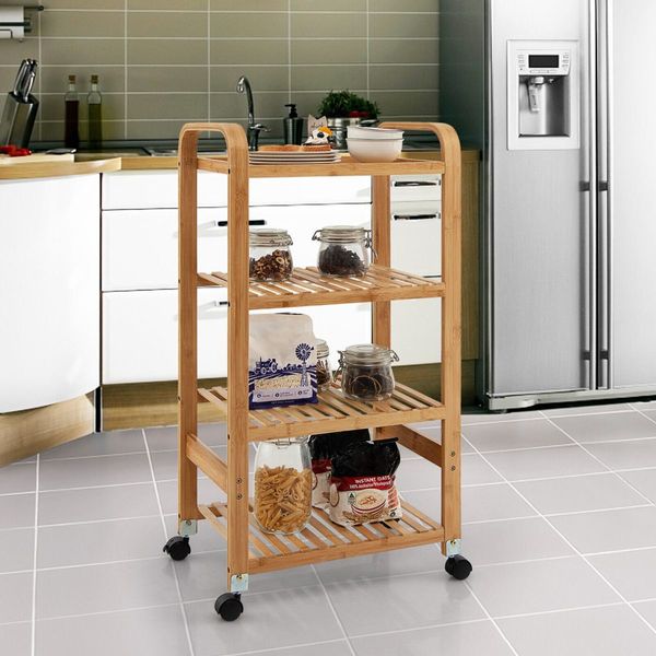 4-Tier Bamboo Rolling Storage Cart with Locking Casters