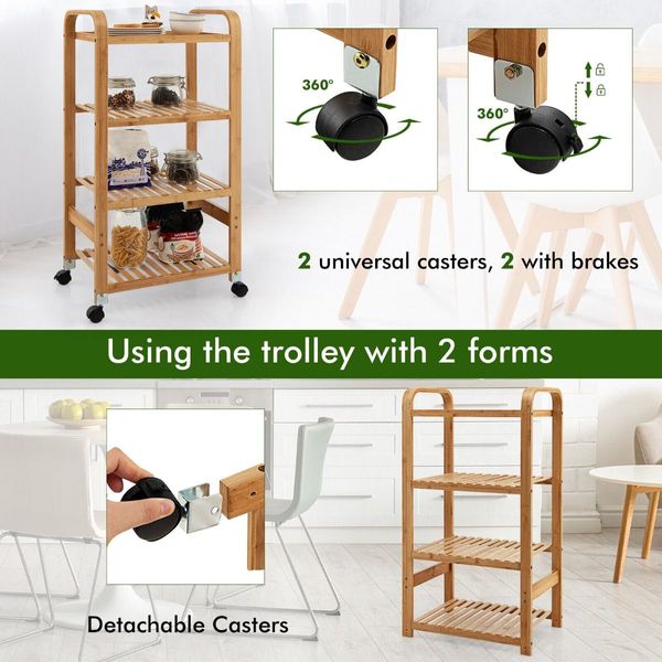 4-Tier Bamboo Rolling Storage Cart with Locking Casters