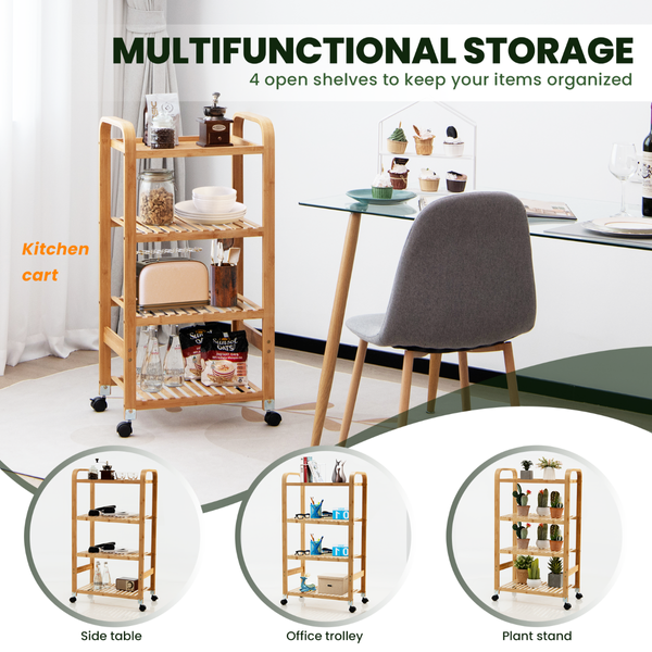 4-Tier Bamboo Rolling Storage Cart with Locking Casters