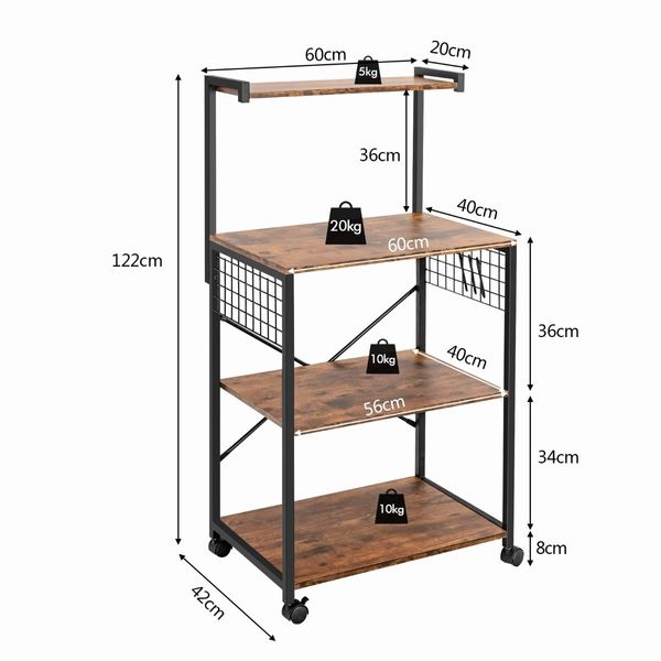 4-Tier Kitchen Baker's Rack 4 Universal Wheels for Dining Room