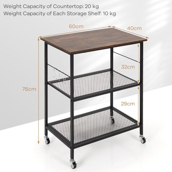 3 Tier Kitchen Serving Rolling Carts with 2 Mesh Shelves & 5 Hanging Hooks