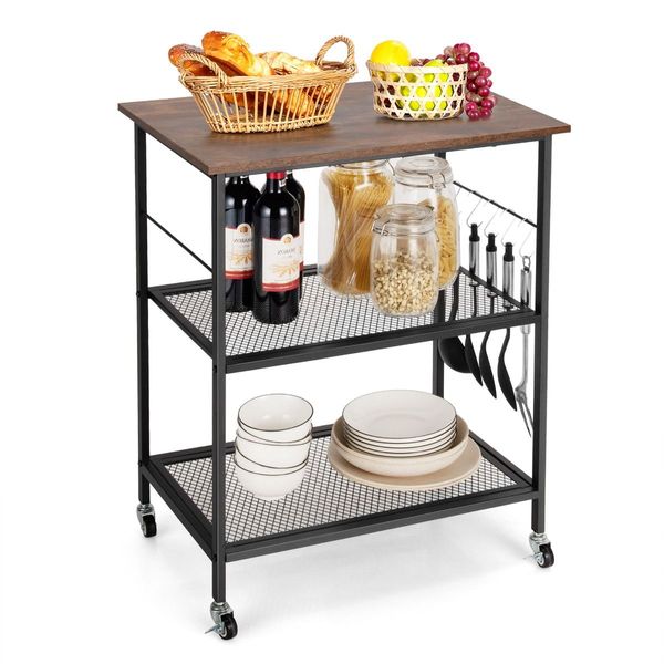 3 Tier Kitchen Serving Rolling Carts with 2 Mesh Shelves & 5 Hanging Hooks