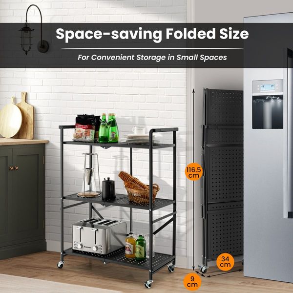 3-Tier Foldable Kitchen Cart with 4 Wheels