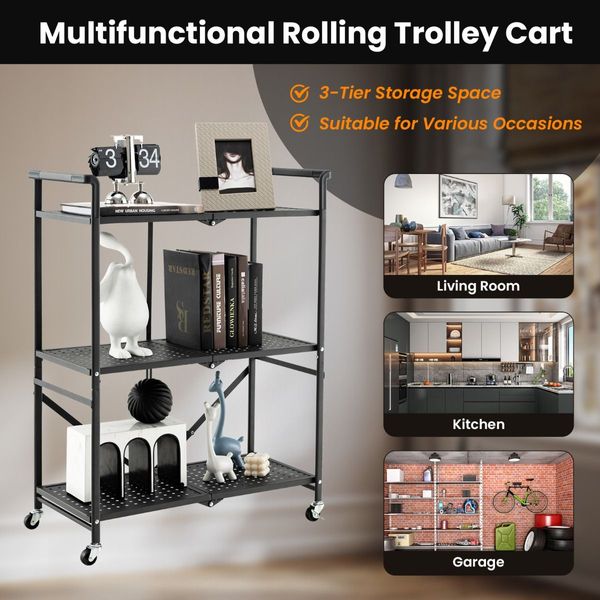 3-Tier Foldable Kitchen Cart with 4 Wheels