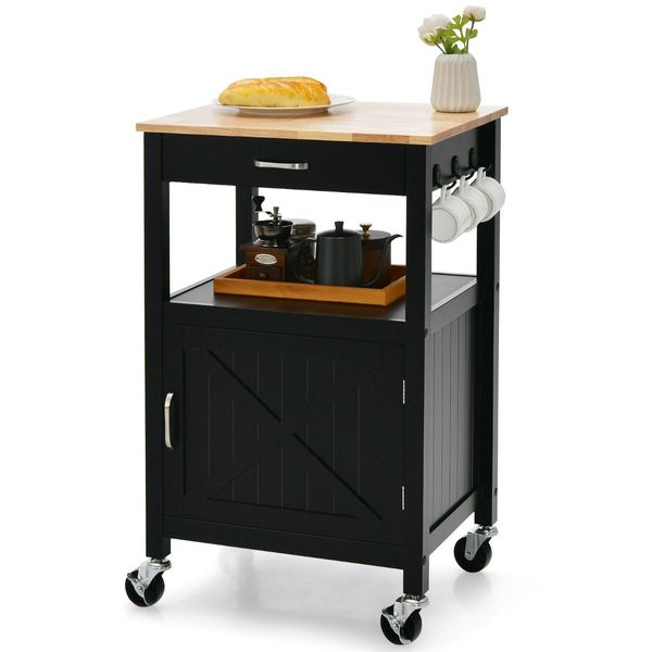 Rolling Kitchen Island with Rubber Wood Top with Side Hooks for Kitchen