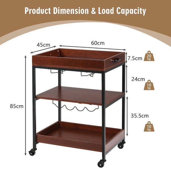 3-Tier Kitchen Island Cart with Wine Rack & Glass Holders & Handle