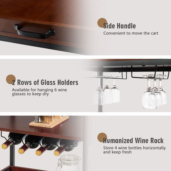 3-Tier Kitchen Island Cart with Wine Rack & Glass Holders & Handle