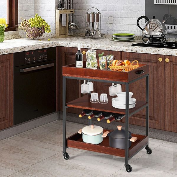 3-Tier Kitchen Island Cart with Wine Rack & Glass Holders & Handle