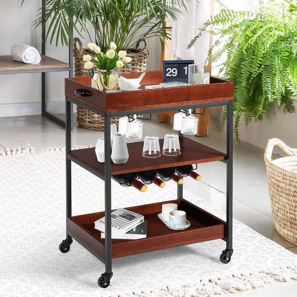 3-Tier Kitchen Island Cart with Wine Rack & Glass Holders & Handle