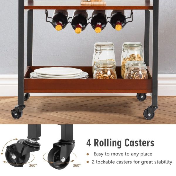 3-Tier Kitchen Island Cart with Wine Rack & Glass Holders & Handle