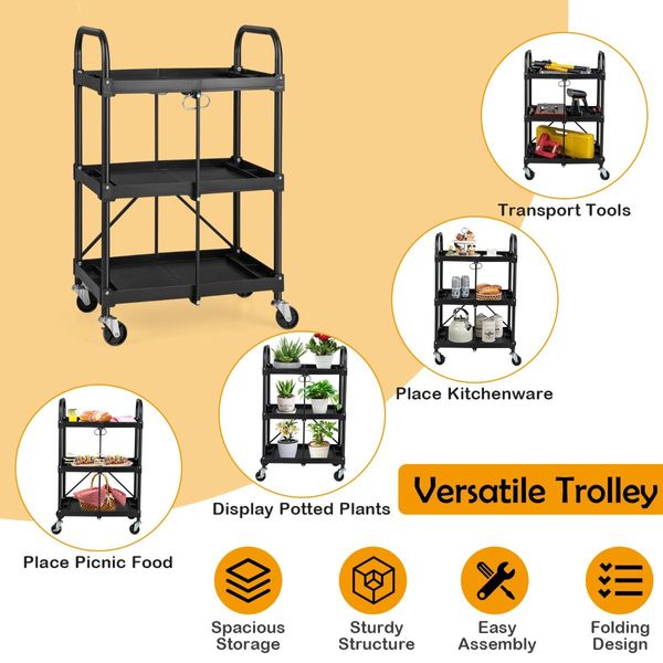 3-Tier Folding Trolley Cart with Universal Wheels and Handrails for Home/Office/Kitchen