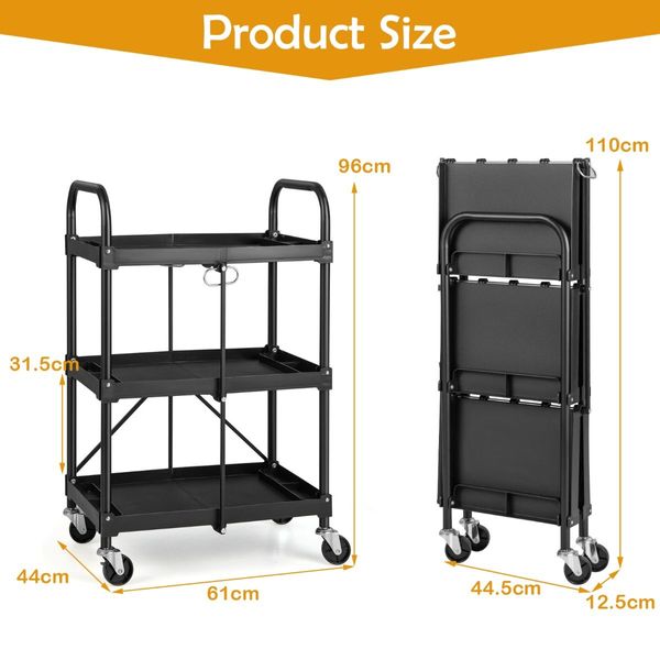 3-Tier Folding Trolley Cart with Universal Wheels and Handrails for Home/Office/Kitchen