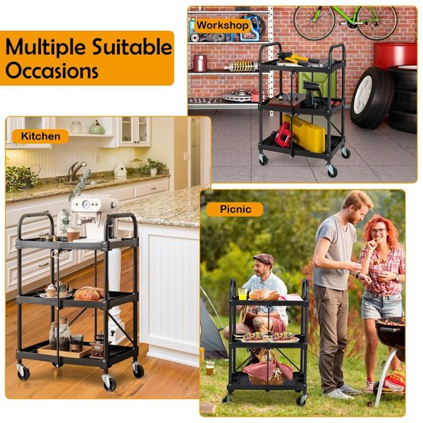 3-Tier Folding Trolley Cart with Universal Wheels and Handrails for Home/Office/Kitchen