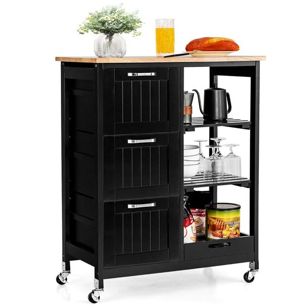 Kitchen Island with Rubber Wood Countertop & Lockable Casters