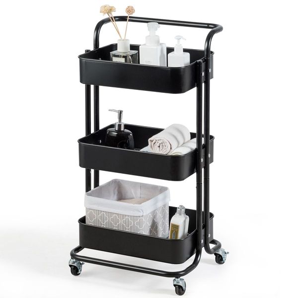 3-Tier Metal Rolling Utility Cart with Lockable Wheels for Kitchen, Office