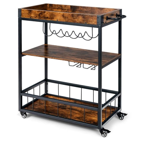 Kitchen Cart with Removable Top Tray & Wine Rack & Glass Holder