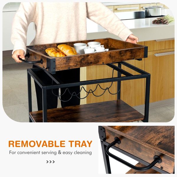 Kitchen Cart with Removable Top Tray & Wine Rack & Glass Holder