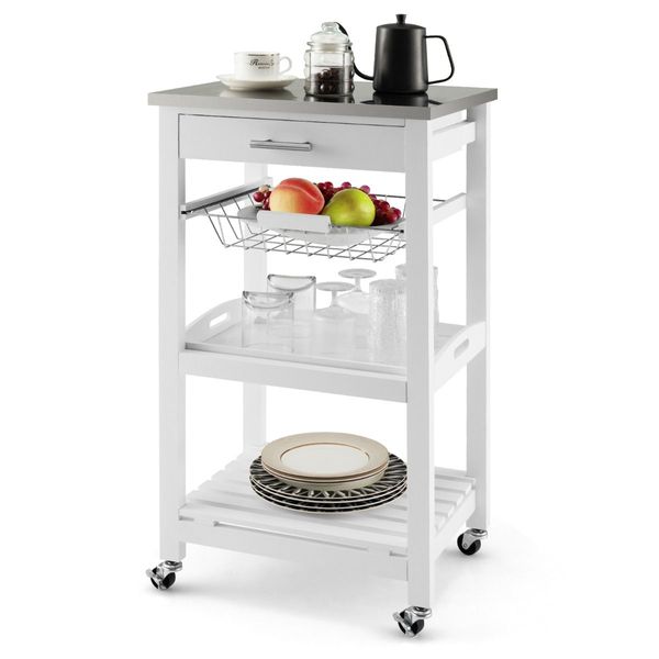 Kitchen Rolling Island with Stainless Steel Countertop & Basket