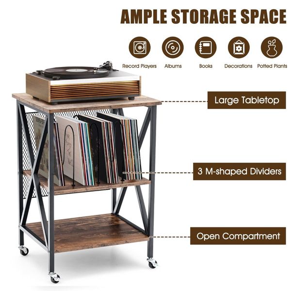 3-tier Rolling Stand with 3 Dividers and Steel Frame for Living Room/Office