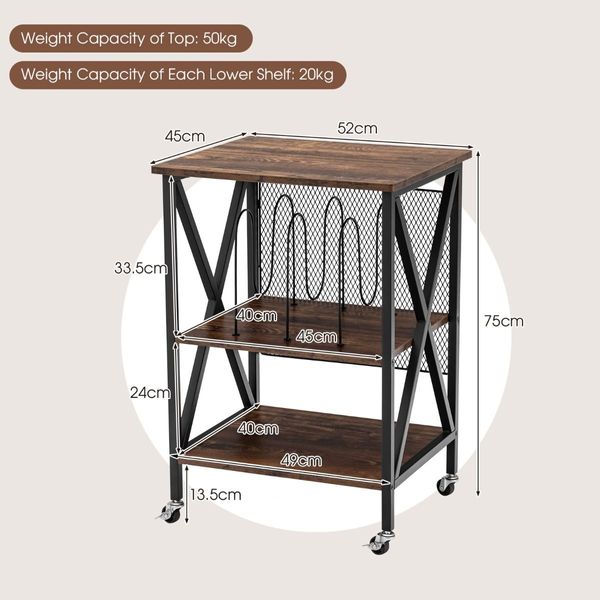 3-tier Rolling Stand with 3 Dividers and Steel Frame for Living Room/Office