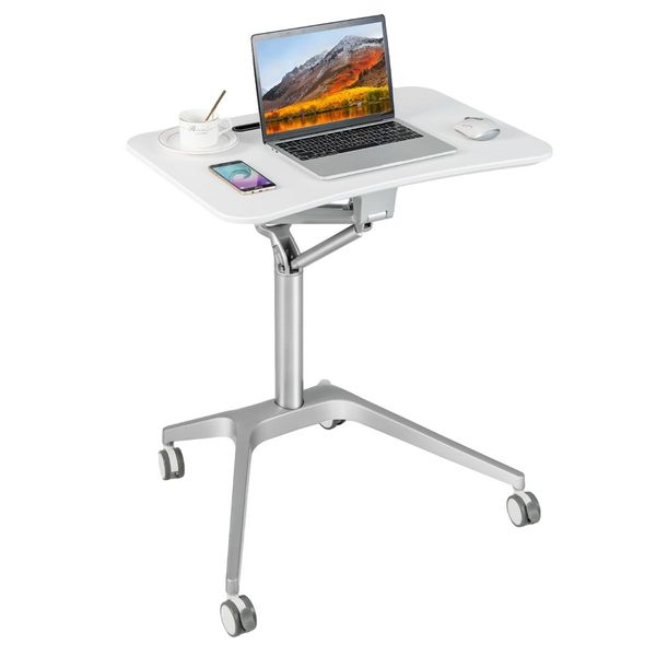 Pneumatic Sit Stand Laptop Table with Tablet Holder & 4 Rolling Casters for Home/Office