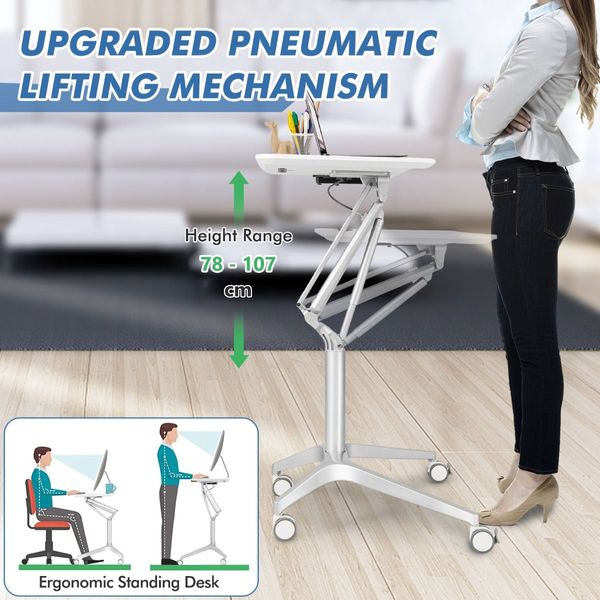 Pneumatic Sit Stand Laptop Table with Tablet Holder & 4 Rolling Casters for Home/Office