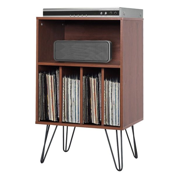 Vinyl Record Storage Player Stand with 5 Open Compartments for Living Room & Bedroom