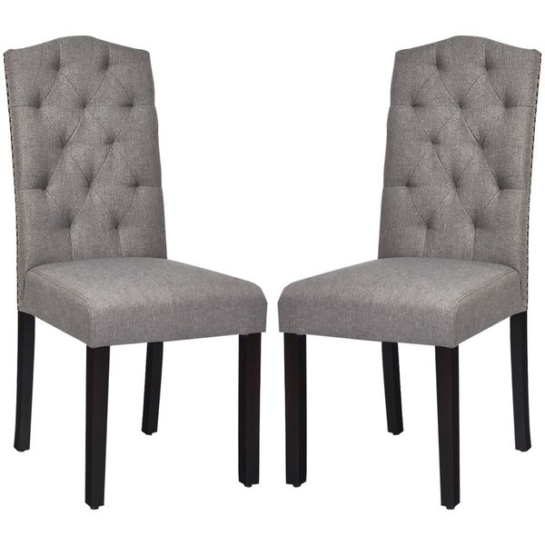 Set of 2 Tufted Dining Chair with Rubber Wooden Leg