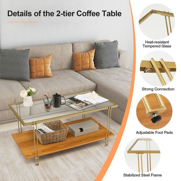 2 Tier Rectangular Coffee Table with Gold Steel Frame and Storage Shelf for Living Room